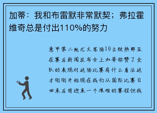 加蒂：我和布雷默非常默契；弗拉霍维奇总是付出110%的努力